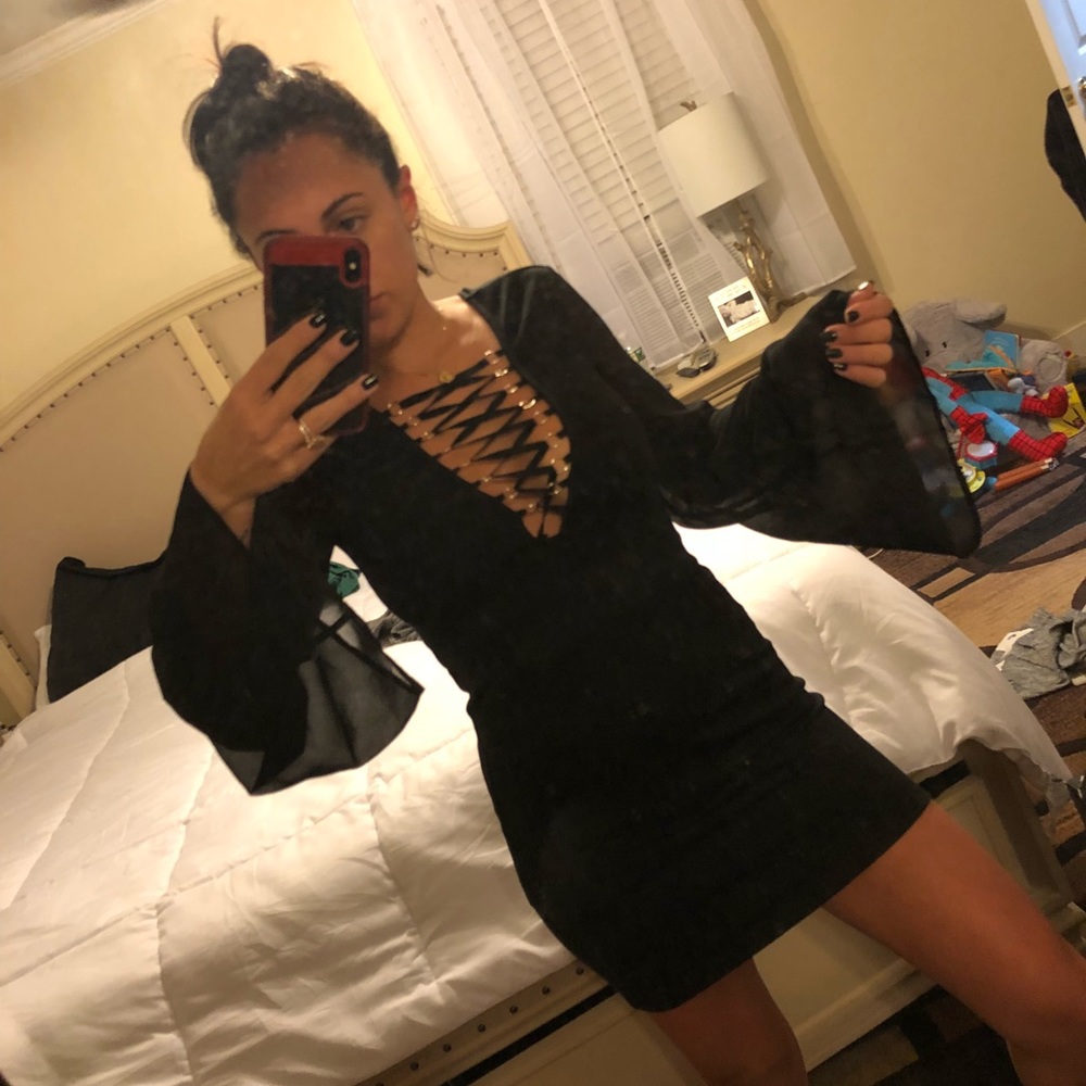 Lace front bell sleeve dress